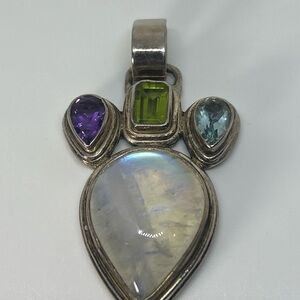 Sterling Silver Pendant w/Teardrop Moonstone Amethyst, Blue Topaz, Peridot 925